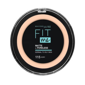 پنکک Maybelline Fit Me Matte + Poreless، نمای جلوی بسته‌بندی، رنگ ۱۱۵ Ivory